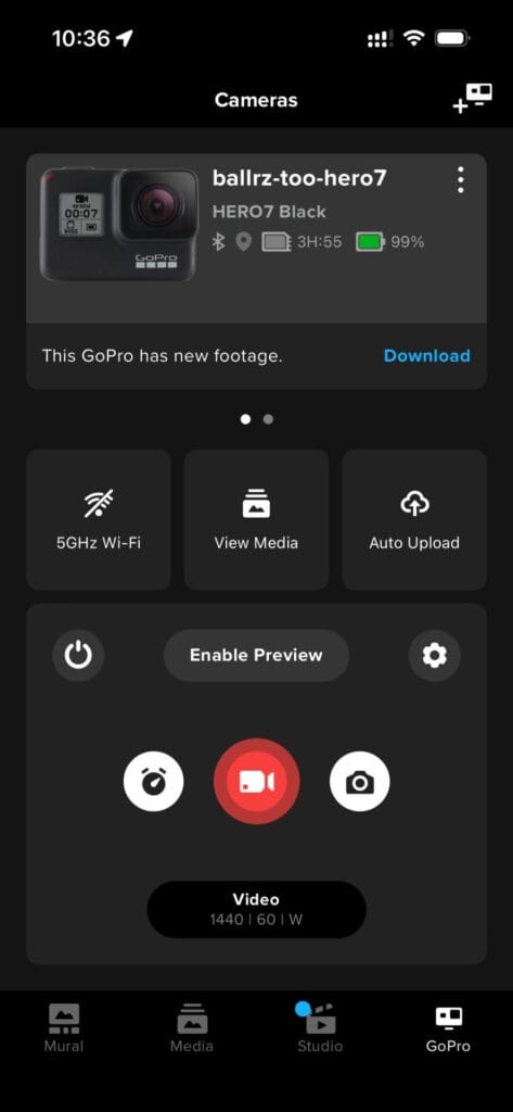 GoPro app on iPhone showing camera preview and controls